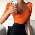 thumbnail image 2 of Camiseta informal con manga abombada y cuello redondo para mujer, camiseta ajustada acanalada de color puro, Top naranja S, 2 of 7