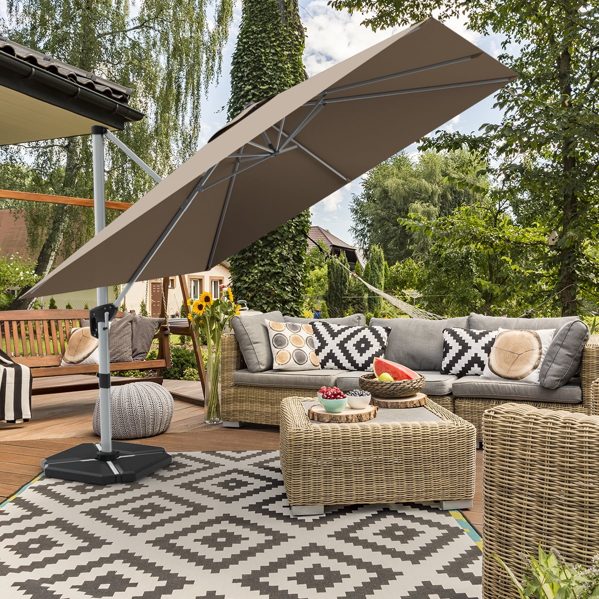 Gymax 10Ft Square Offset Hanging Patio Umbrella w/ Base 360 Degree Tilt