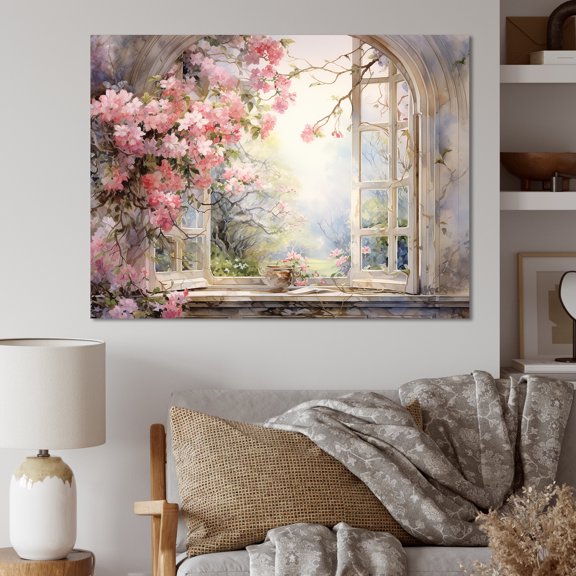 Designart "Gazing through Country Window at Pink Blossoms I" Floral Wall Art - Traditional Pink Window Living Room Canvas Art