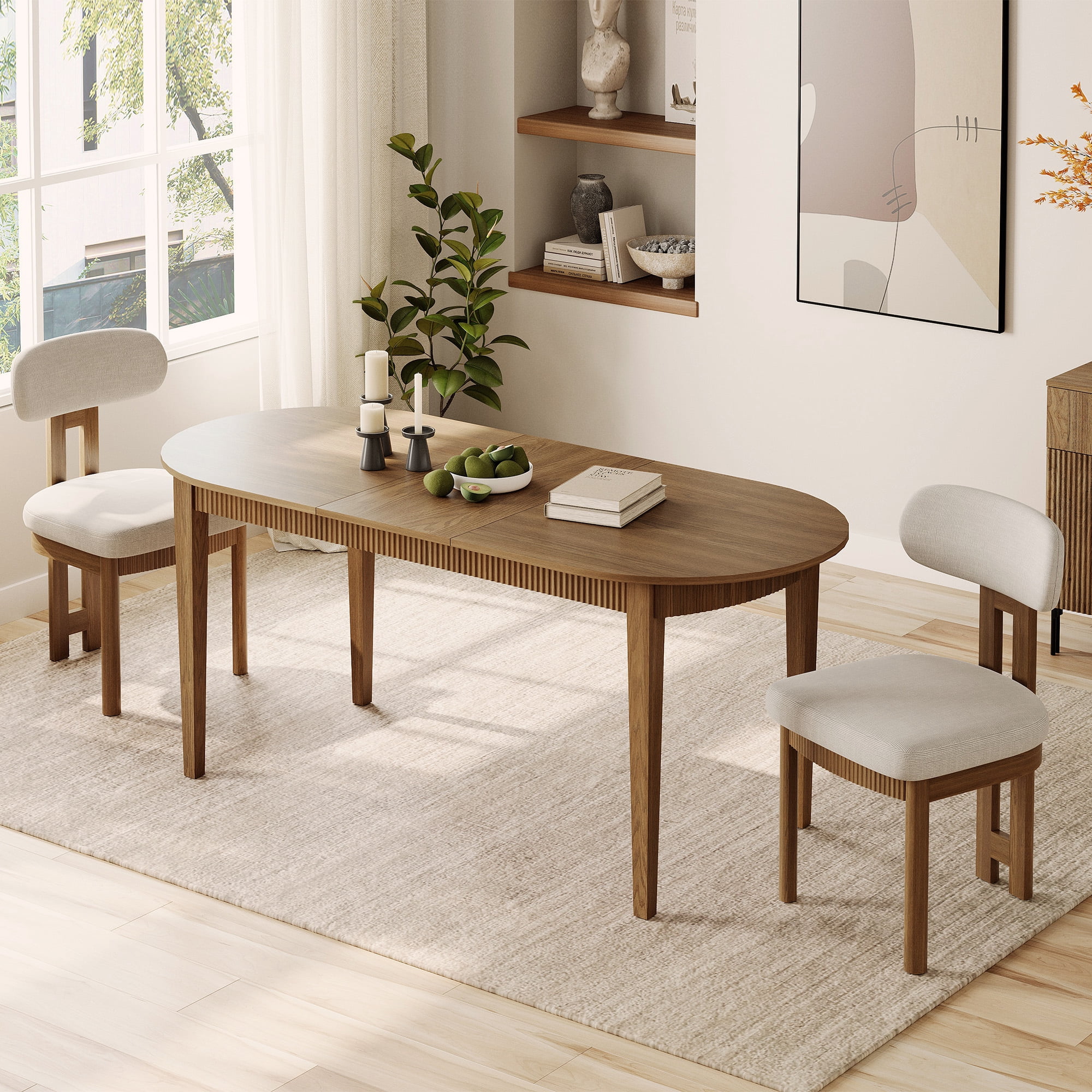 3 Piece Modern Dining Table Set, 73" Solid Wood Oval Dining Table with 2 Polyester Chairs, Dining Set with Fluted Apron for Kitchen & Dining Room