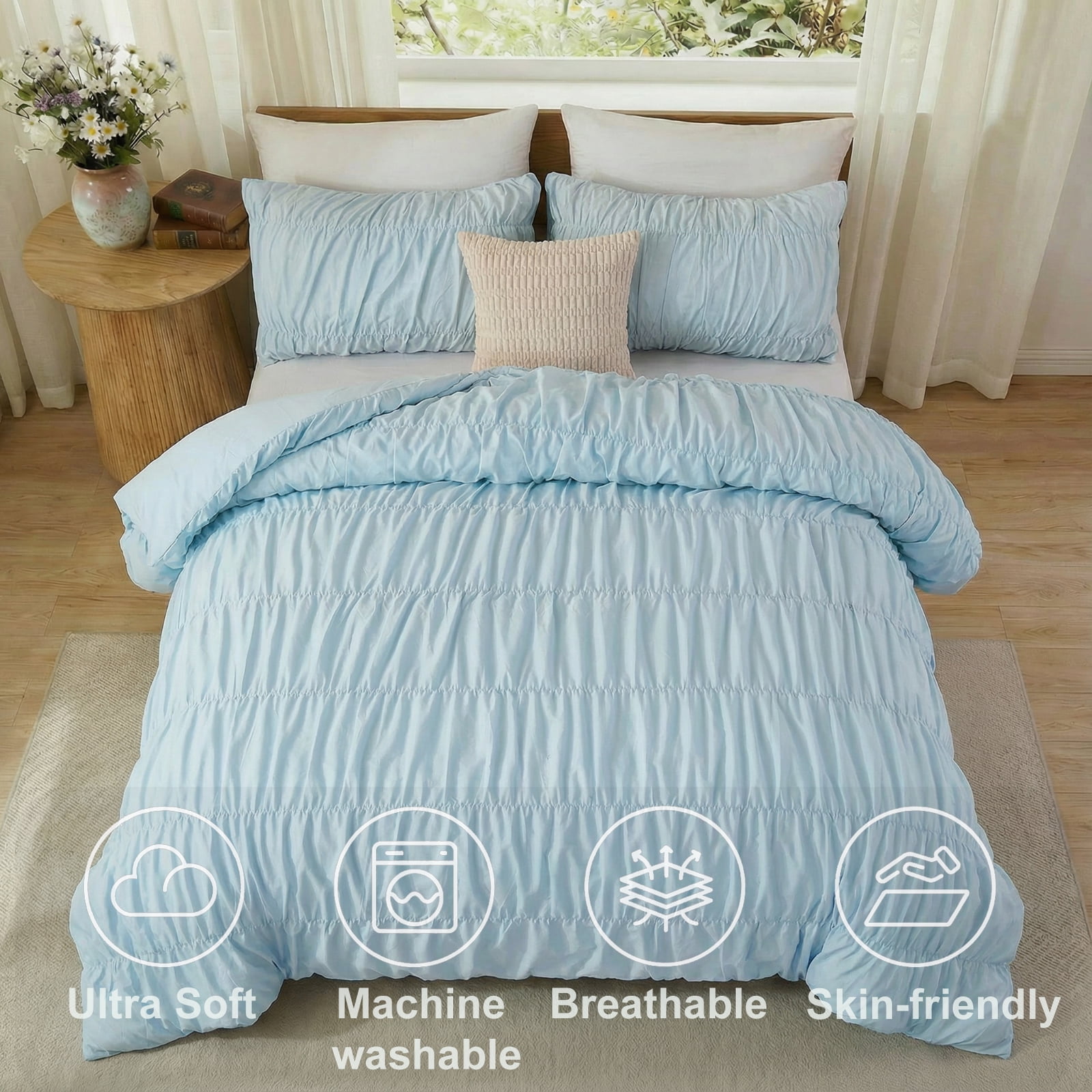 100% Cotton Blue Wrinkle Duvet Cover Set Queen Size,Ruched Bedding Comforter Cover,Shabby Chic Ruffled 3 Pcs Queen Duvet Cover Set,Bohemian Boho Bedding Set with Zipper 1 Duvet  Cover 2 Pillowcases
