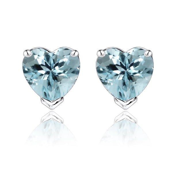 JeenMata Hermosos Aretes Tipo Botón con Corte de Corazón de 1 Quilate, Aguamarina (Piedra Natal de Marzo), Chapado en Oro Blanco de 18 K sobre Plata