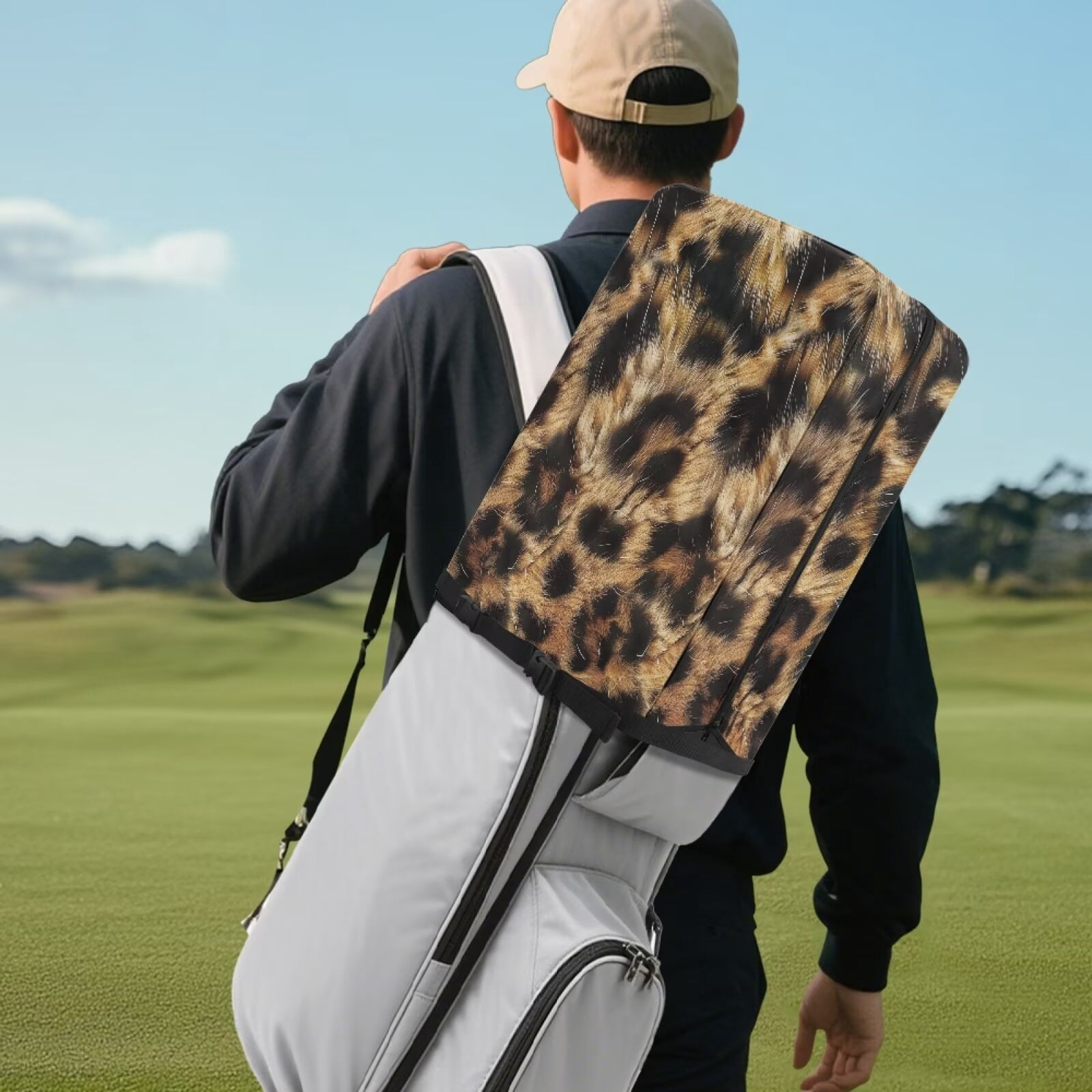 Chririnla Cheetah Print Golf Bag Cover Hood Dust & Sun Protection Umbrella for Clubs with Snap Button Universal Fit for Most Club Bags, Stand Bags, Cart Bags & Tour Bags