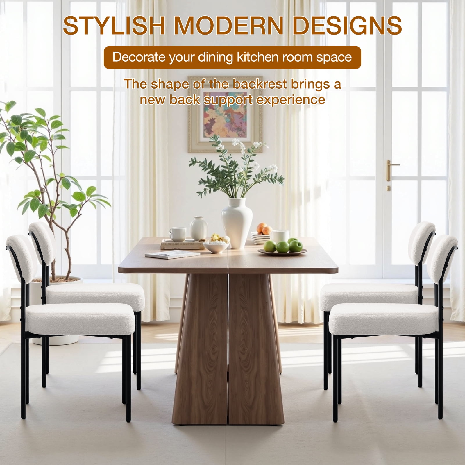 Hommpa Boucle Dining Chairs Set of 2 Modern Upholstered Kitchen Dining Room Chairs with Backrest & Metal Legs Accent Side Chairs White for Dining Kitchen Living Room Bedroom