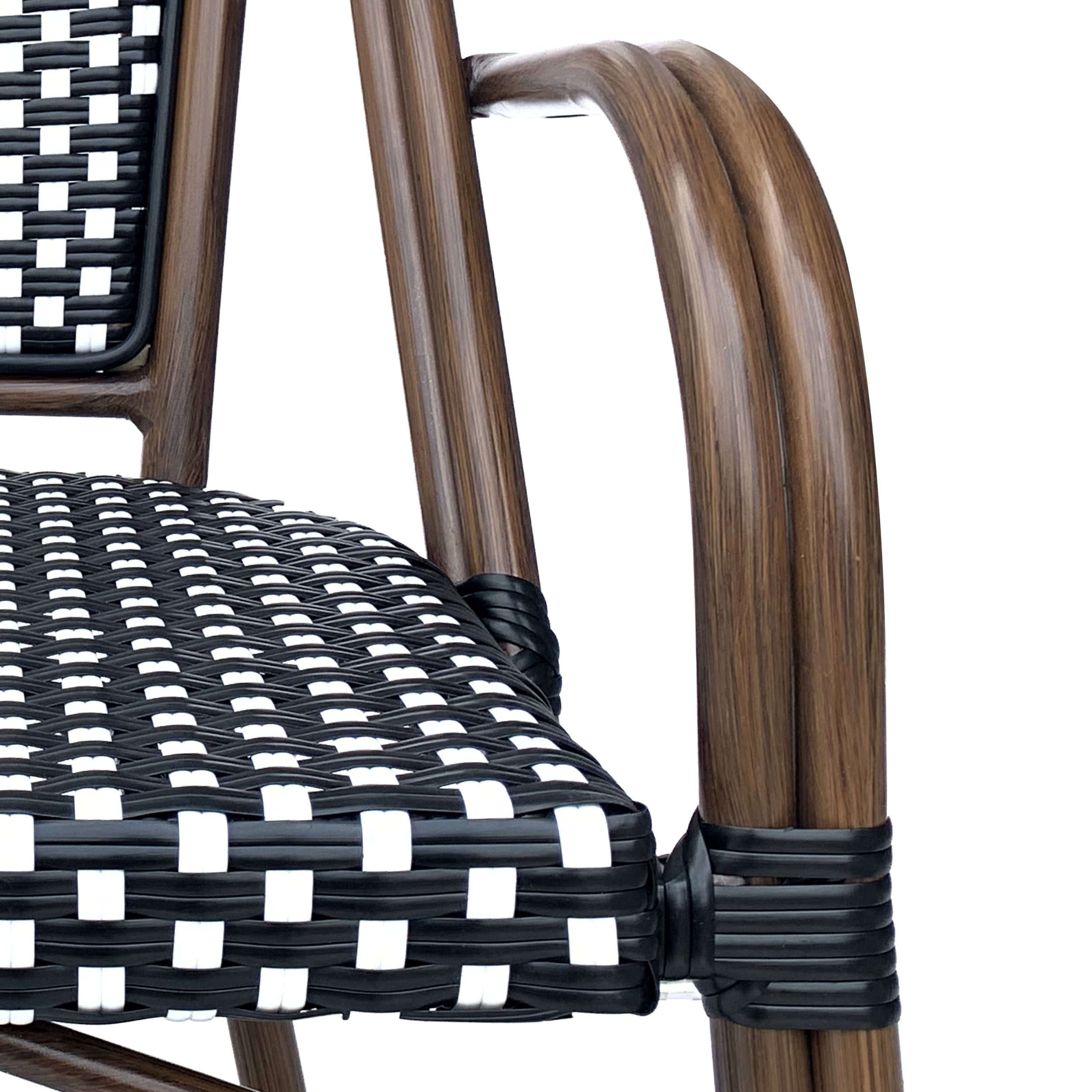 Cecil Aluminum and Wicker Outdoor French Bistro Chairs, Set of 4, Black, White, and Brown Wood