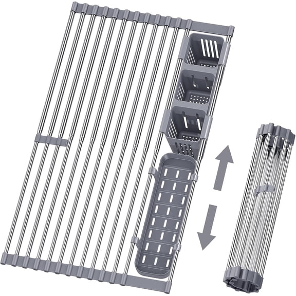 Expandable Roll Up Dish Drying Rack, 304 Stainless Steel Over The Sink Dish Drainer Rack, Foldable Rollable Kitchen Sink Rack with 2 Removable Utensil Holder 12.4”-15.94”to 23.03”