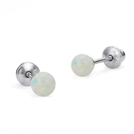 Sterling Silver Rhodium Plated 3mm Simulated Opal Screwback Baby Girls Earrings