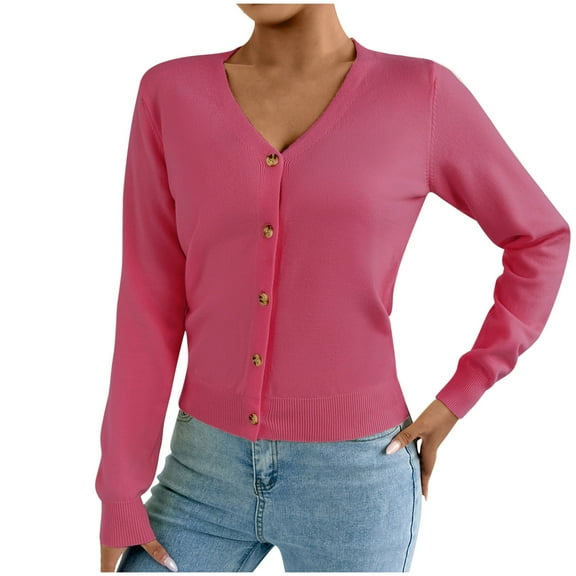 Olyvenn Women Long Sleeve Button Down Casual Sweater Blouses, Fashion Knit V-Neck Sweaters Cardigan Solid Color Basic Daily Clothes Hot Pink L