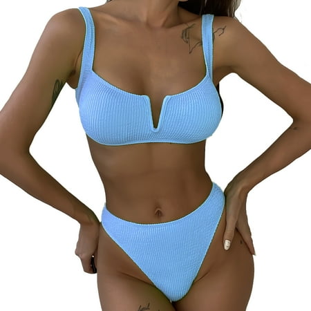 siilsaa Bikini Set for Women Two Piece Swimsuits V-Wire Bralette High Waisted High Cut Cheeky Bottom Blue S