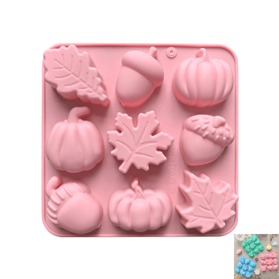 Fall Thanksgiving Silicone Baking Molds, 9‑Cavity Multi‑Shape Pumpkin Maple Acorn Design, Halloween Silicone Molds, for Candy Pudding Cake DIY & Holiday Party Dessert Making-Pink