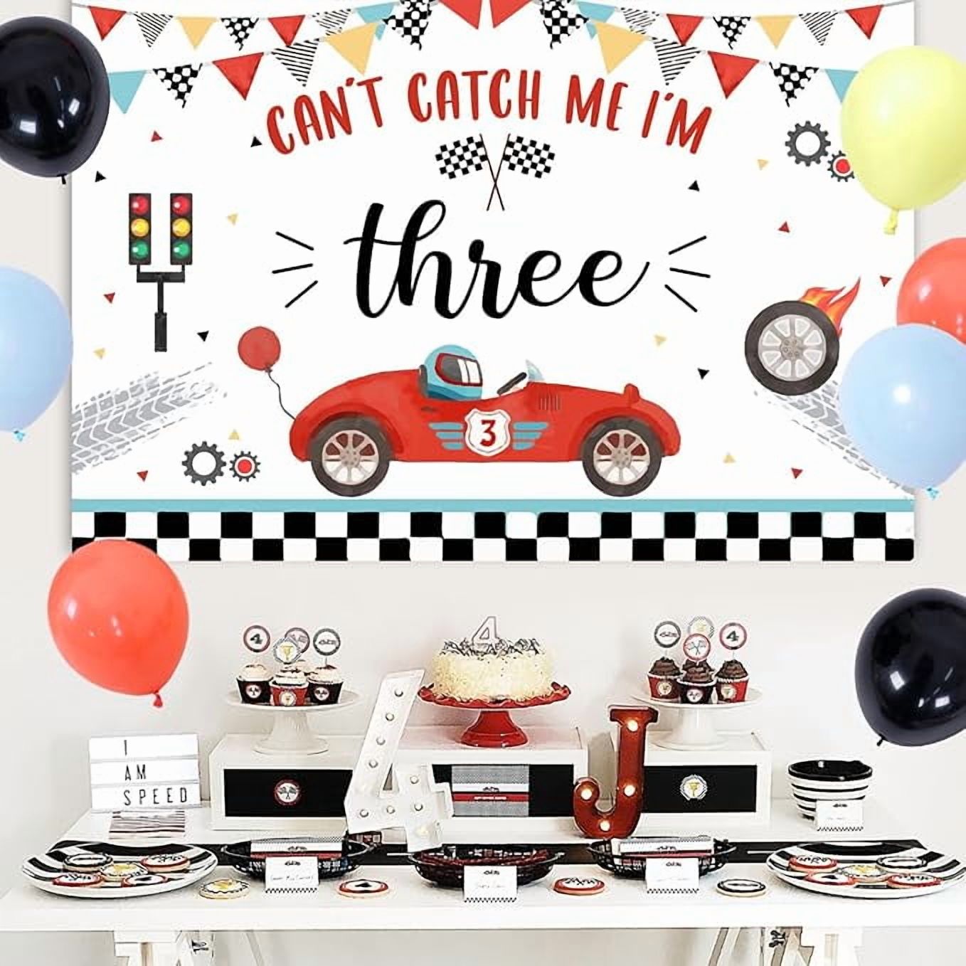 Retro Racing Car 3rd Birthday Party Decorations, Can't Catch Me I'm Three Backdrop, Vintage Race Car Balloon Arch Kit for Boys Girls Racing Themed 3 Years Old Birthday Supplies