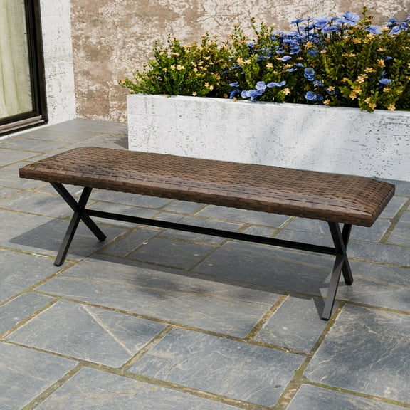 INTER HUT 2-Person Outdoor Wicker Bench for Garden Patio Porch, All-Weather Furniture with 450lb Capacity, Brown