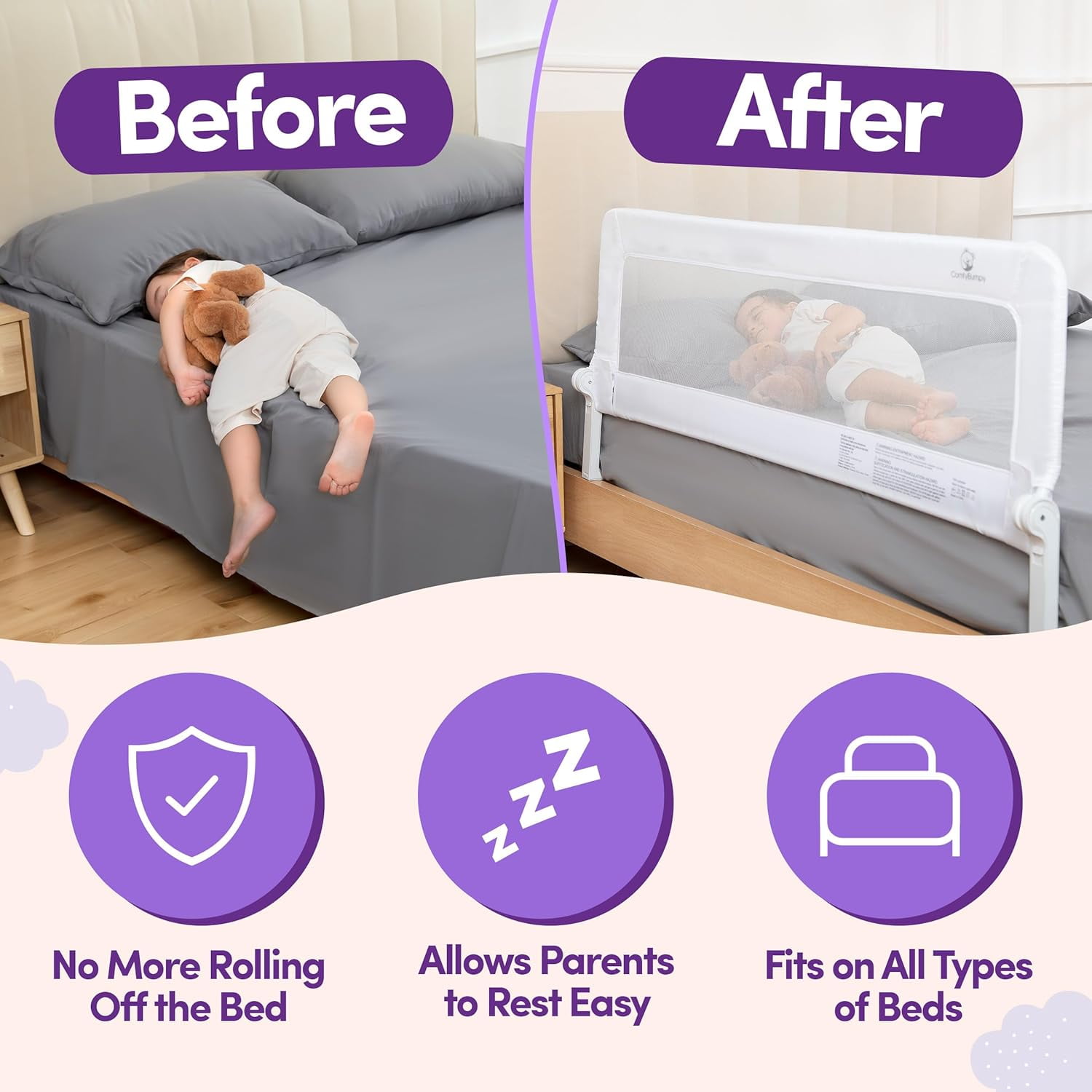 ComfyBumpy Toddler Bed Rail Guard, 55.5" x 19.5" Extra long Swing Down Rail for Kids Beds, White, 1 pack