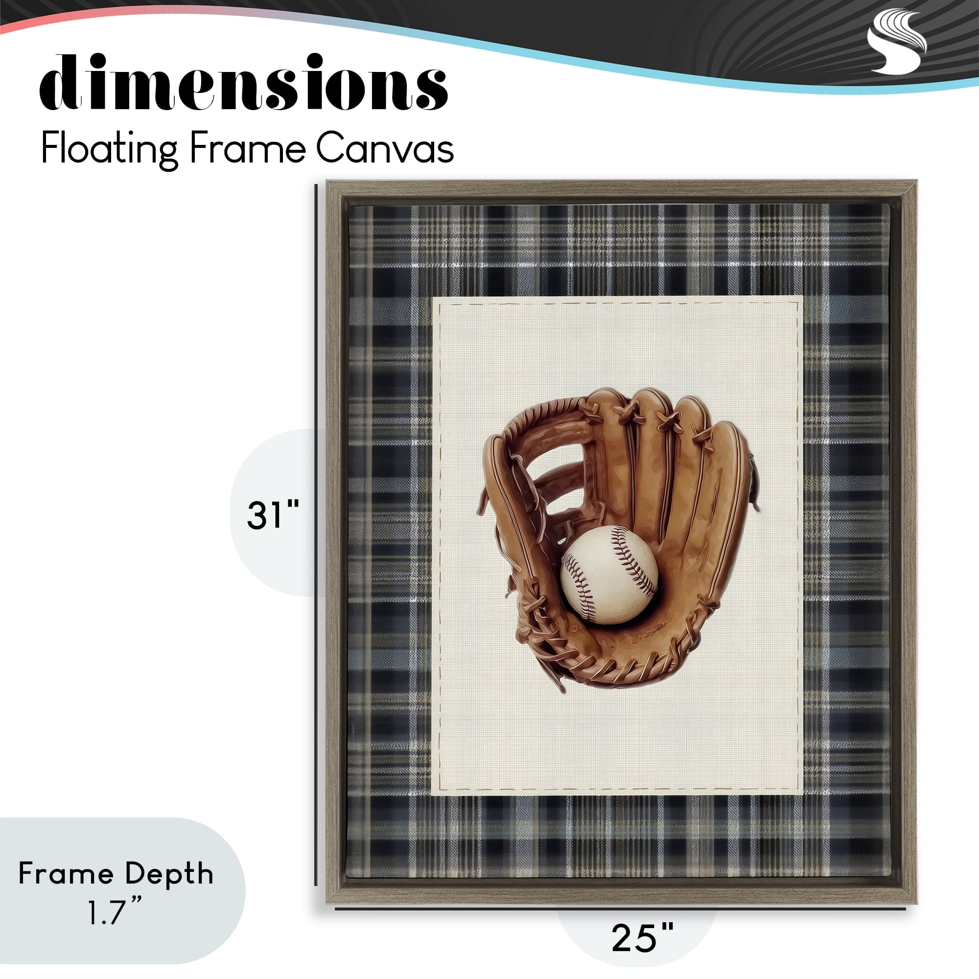 Stupell Industries Baseball Glove with Plaid Brown Framed Floater Canvas Wall Art, design by Arlington Prints