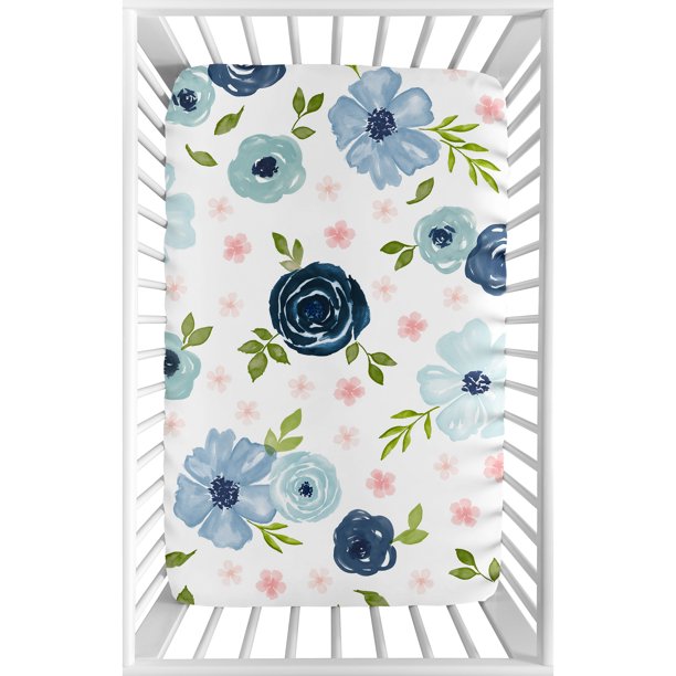 Sweet Jojo Designs Blue and Pink Floral Mini Crib Sheet For Portable