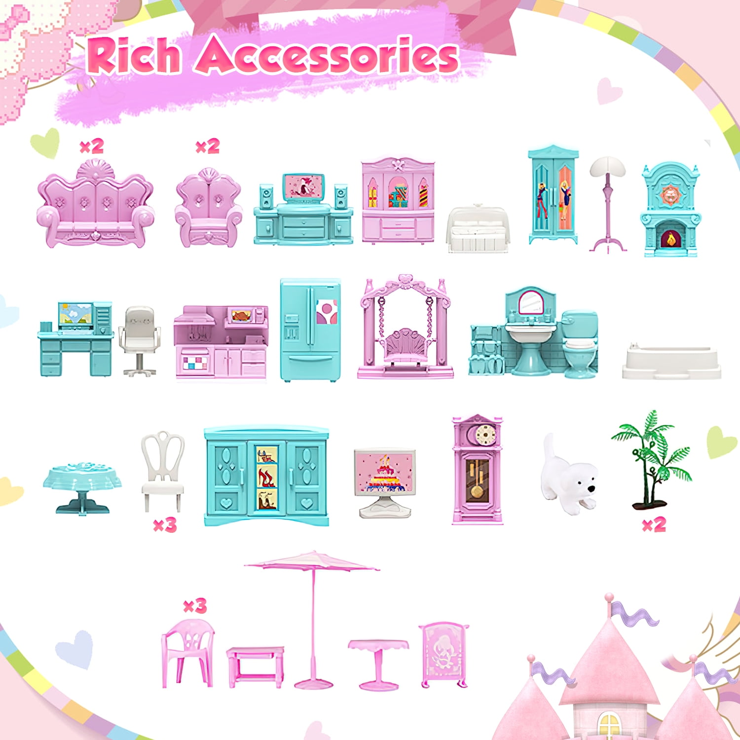 Freecat Doll House Kit Girls Toy, 11 Rooms DIY Pretend Play Dollhouse Playset Toys with Accessories and Furniture, Princess House, Birthday Gifts for 6-12 Year Old Girls (Pink)