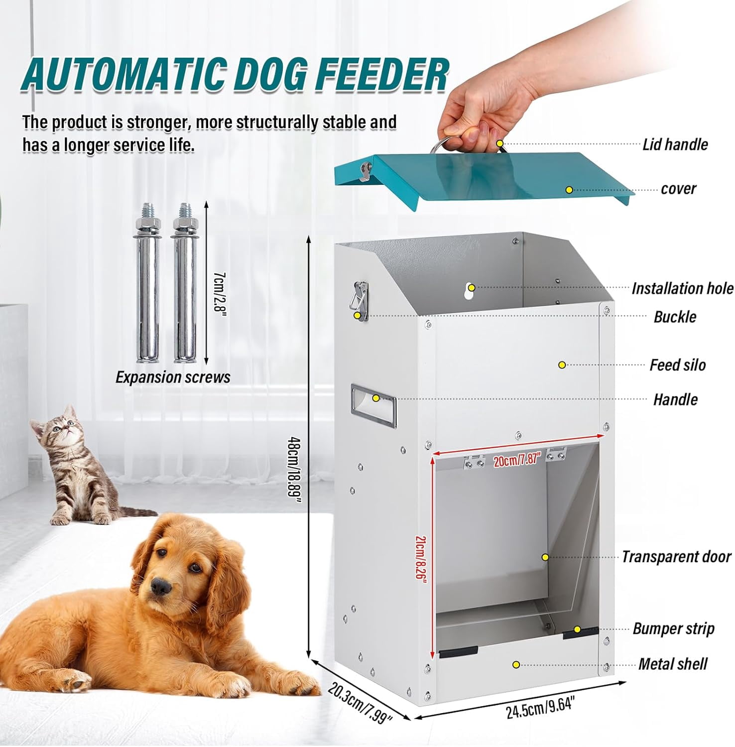 Automatic Dog Feeder Outdoor Galvanized Dog Food Dispenser 15lbs Pet Cat Feeding Station Metal Gravity Feeder for Puppy, Dog, Cat