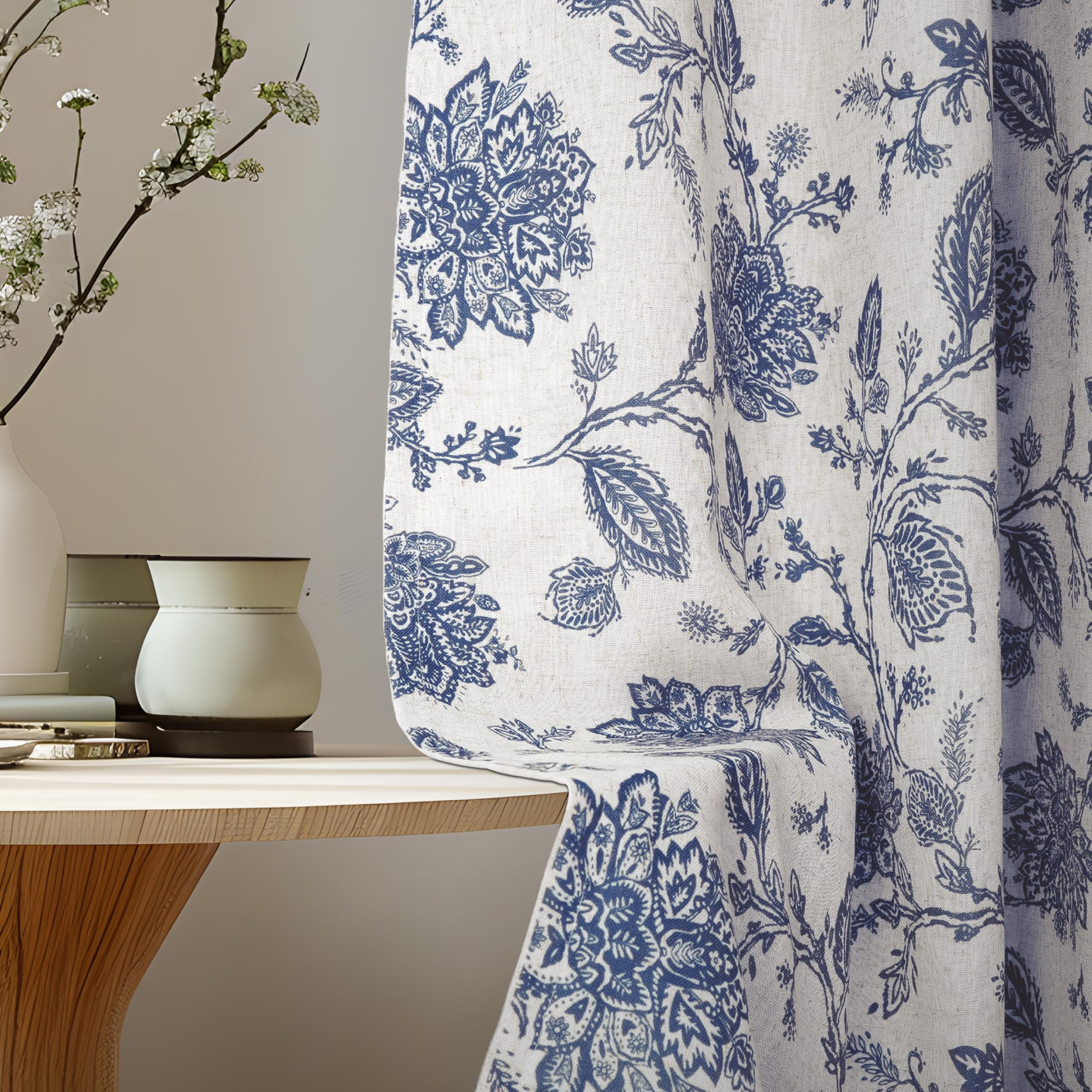 DriftAway Linen Floral Paisley Navy Blackout Curtains for Living Room Bedroom 72 Inch Length 2 Panels Lined Grommet Window Drapes Thermal Farmhouse Country Jacobean Curtains