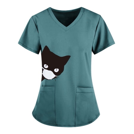 

Women s Scrub Top Cute Graphic Stretch V Neck Workwear Casual Short Sleeve Regular Fit Shirts with Pocket