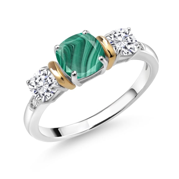 Gem Stone King 925 Silver and 10K Yellow Gold 3-Stone Diamond Ring Cushion Green Malachite and Moissanite (2.16 Cttw, Size 9)