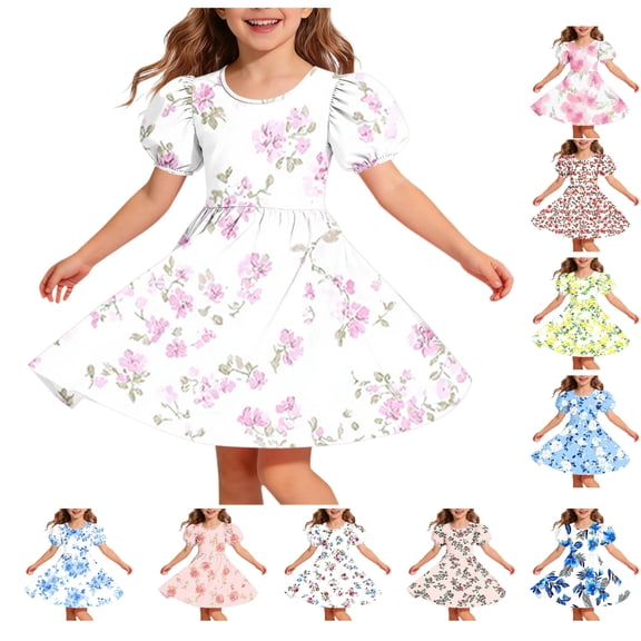 Afuyipoi Girls Summer Short Sleeve Dress (5-15 Years) Casual Round Neck Crisscross Back Flare A-Line Skirt for Family Gathering White 7/8