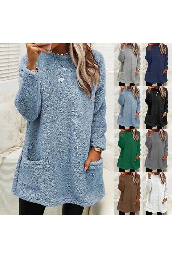 Womens Oversized Fuzzy Fleece Sweatshirt Thicken Warm Sherpa Pullover Fluffy Outerwear Winter Soft Loungewear Tops with Pockets Lightning Sales Light Blue XL
