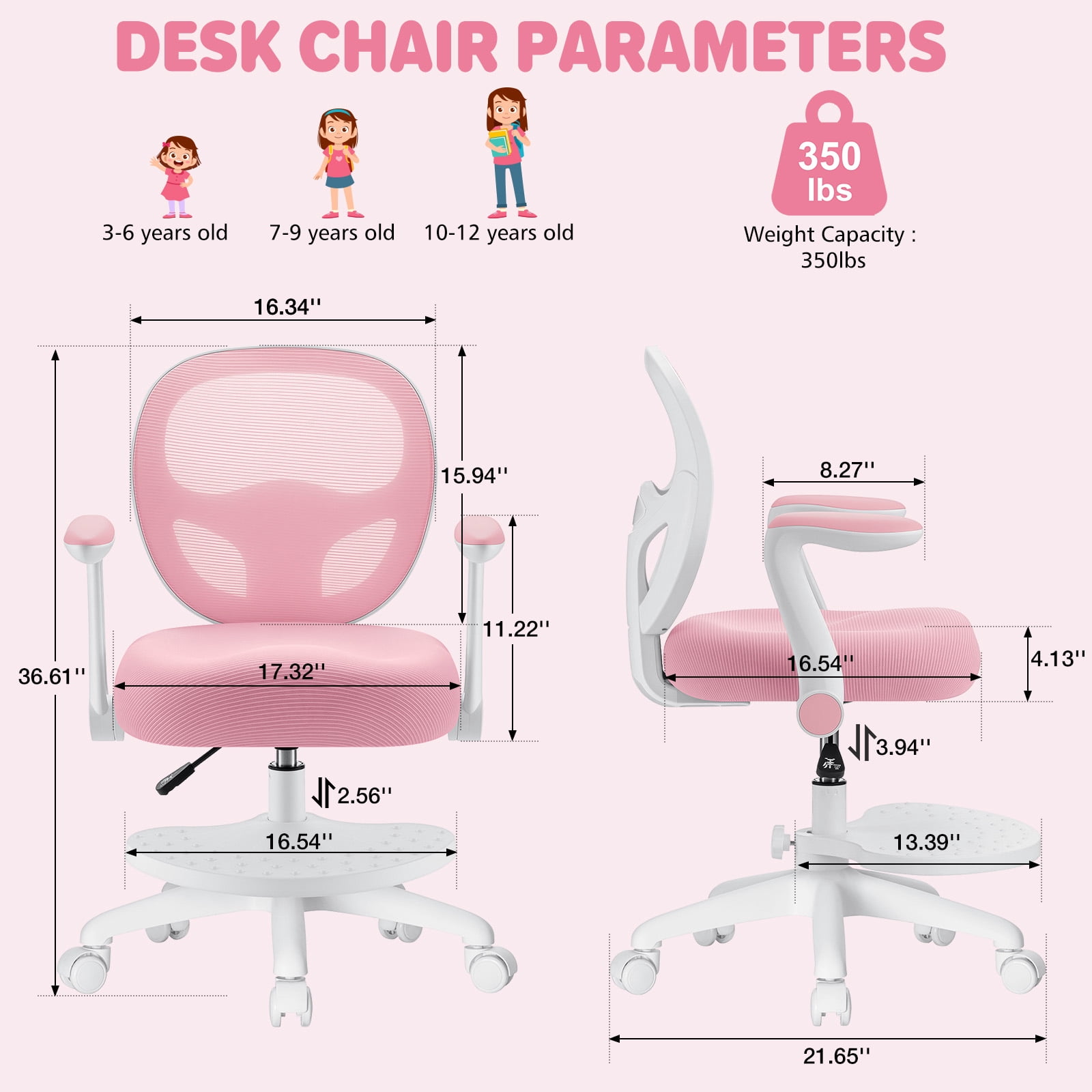 Hoffree Kids Desk Chair with Flipped Arms Wheels Ergonomic Study Chair with Footrest Adjustable Height Rolling Desk Chair for Teens Boys Girls in Study Room Pink