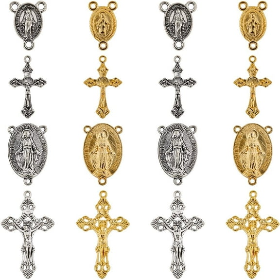 1 Box 40Pcs 8 Styles Rosary Charms Silver Crucifix Rosary Charm Easter Holiday Gold Tibetan Alloy Oval Chandelier Links Charm for Jewelry Making Charms Supplies DIY Necklaces Crafts