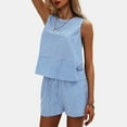 thumbnail image 4 of Blue Young Adult Tops Women's Summer 2 Piece Outfits Sleeveless Tank Top Matching Shorts Sets Cotton Striped Sweatsuits Vacation Beach 2025 Going Out Tops for Women, 4 of 6