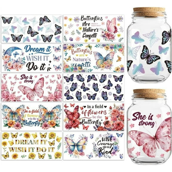 UV DTF Cup Transfer Wraps Stickers Butterflies 10 Sheets Waterproof Custom Vinyl 16oz Coffee Glass Cup Tumbler Bottle Mug Decals for Men Women