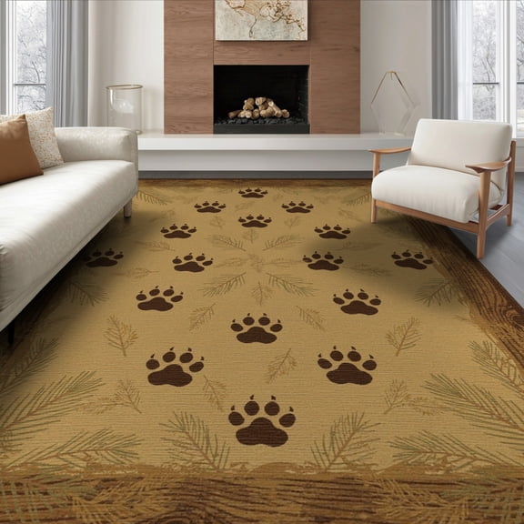 ODIKA 8'x10' Washable Area Rug Woodland Scattered Wildlife Tracks Forest Theme Timber Frame for Living Room, Under Sectional, Family , Durable, Non-Slip