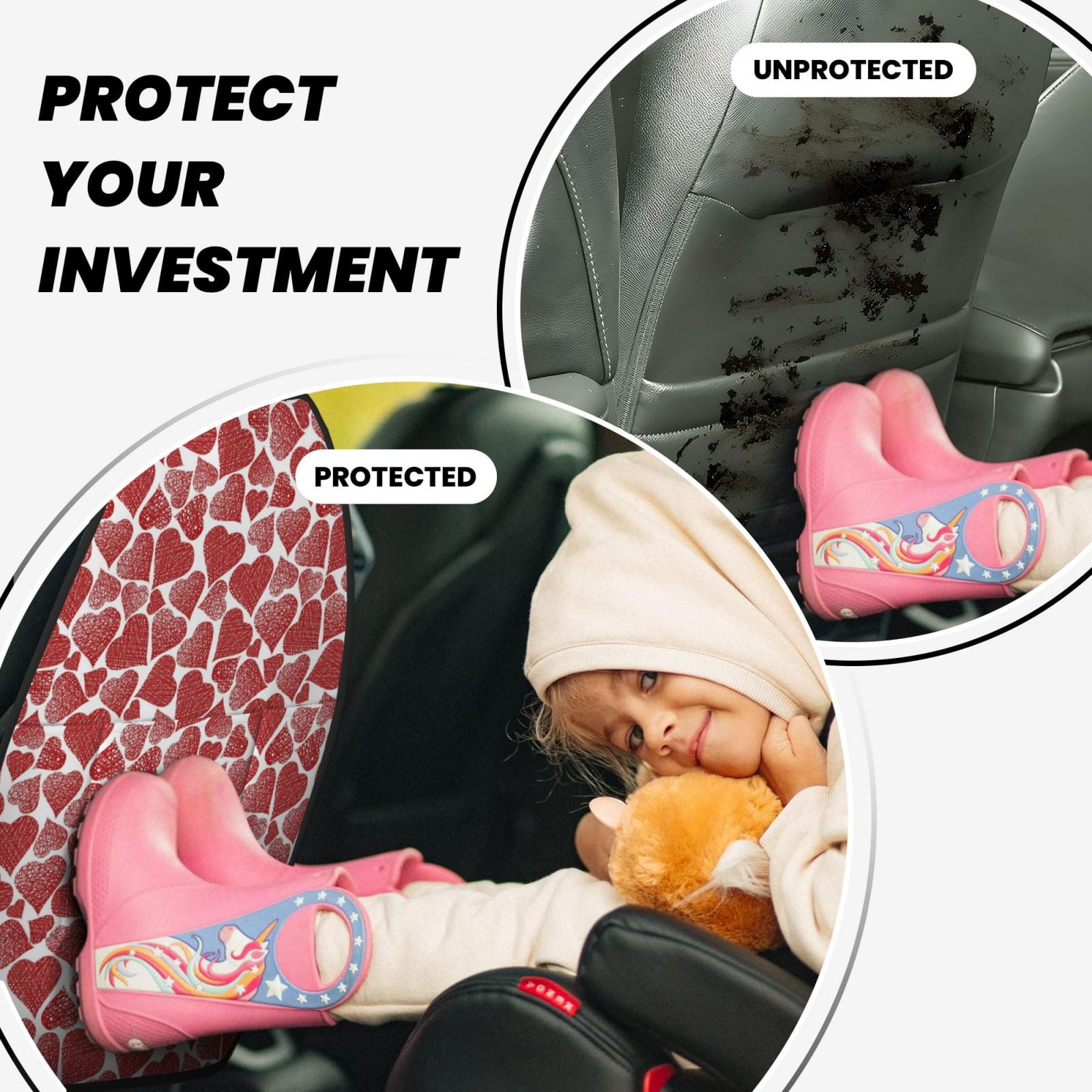 Xecao Hearts Pattern Car Seat Back Protector 2 Pack Large Capacity Pocket, Kick Mats Back Seat Protector