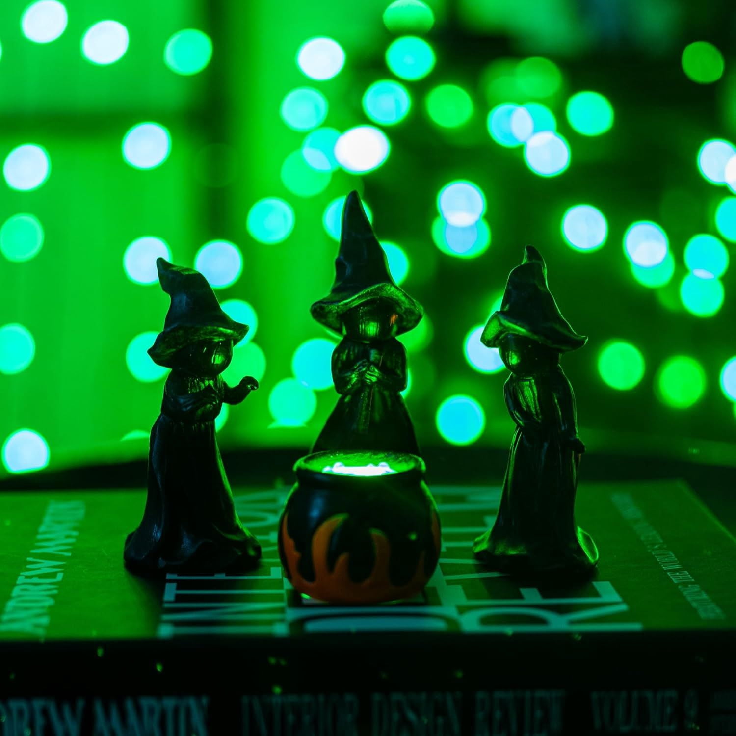 4 Pack Light Up Witch Cauldron Figurines with Green Glow for Halloween Decor