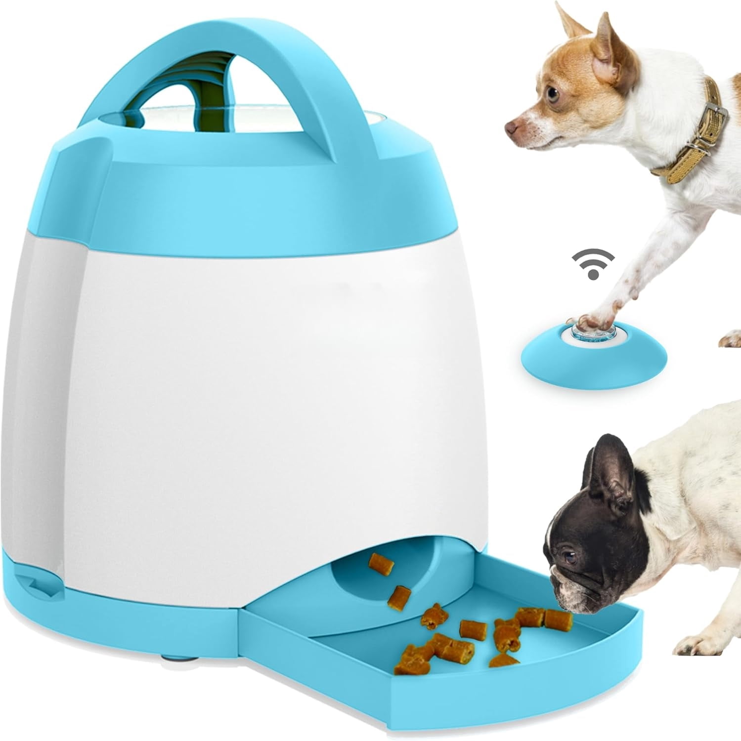 Automatic Dog Treat Dispenser – Interactive Puzzle Feeder with Button & Remote Control, Dual Power, Stimulation Toy for Indoor/Outdoor Play, Blue