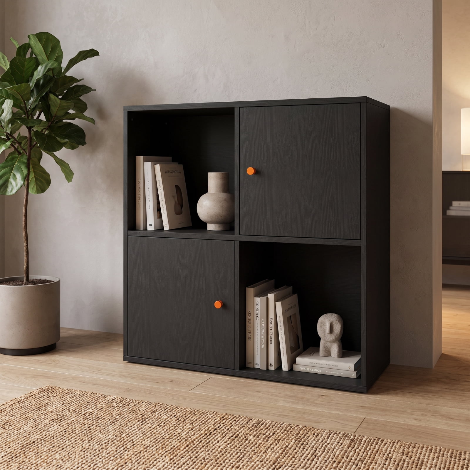 Furnibear 4-Cube 3-Tier Bookcase with 2 Cabinets Dual Anti-Tipping Kits and Metal Knobs for Living Room and Home Office, Black