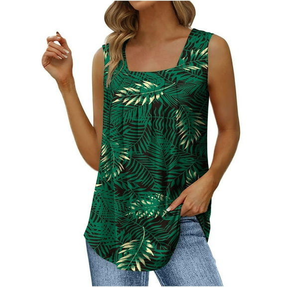 JINMGG Women's Fashion Prinded Square Neck Comfortable Loose T-Shirt Sleeveless Blouse Casual Tops Green M