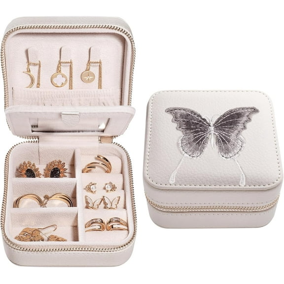 S.Leaf Travel Jewelry Organizer Travel Jewelry Boxes for Women Small Jewelry Travel Case Box Portable Travel Jewelry Case Travel Case Mini Jewelry Box (B-Lychee-Beige-Butterfly-Gray)