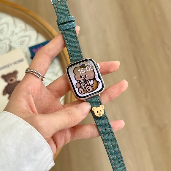 Compatible for Apple Watch Band 42mm 44mm 45mm 49mm Women Girls Boys, Slim Denim PU Leather Cute Bear Design Hand Strap Bracelet for iWatch Band Series SE 9 8 7 6 5 4 3 2 1 Ultra, Lightblue