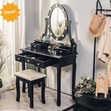 Modern Vanity Desk with LED Oval Mirror & Stool – 5 Drawers 3 Lighting Modes Wood Makeup Dressing Table for Girls & Women