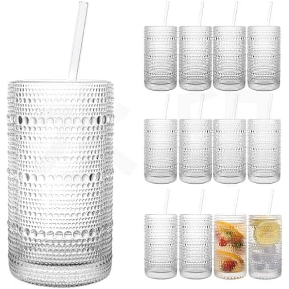 Upgraded Large Capacity 16 oz/480 ml Hobnail Glasses Drinking Set of 12 - Heavy Vintage Glassware