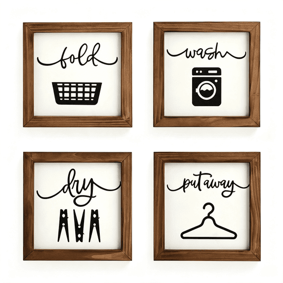 LQSEO Laundry Room Decor for Wall Farmhouse Signs Set of 4|Wash Dry Fold Put Away Rustic Decor for Shelf Laundry Wall Art with Wood Frame Decorative Room Sign 8’’ X 8’’