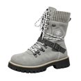 thumbnail image 2 of Women's Casual Mid Calf Boots, Retro Splice Knit Belt Buckle Lace Up Platform Design with Breathable Lining, Trendy Boots for Daily Party Gift, 2 of 4