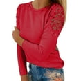 thumbnail image 2 of Red Women's Long Sleeve T-shirt, Women'S Round Neck Solid Color Hollow Stitching Long Sleeved T Shirt,Women's Long sleeve T-shirt S, 2 of 5