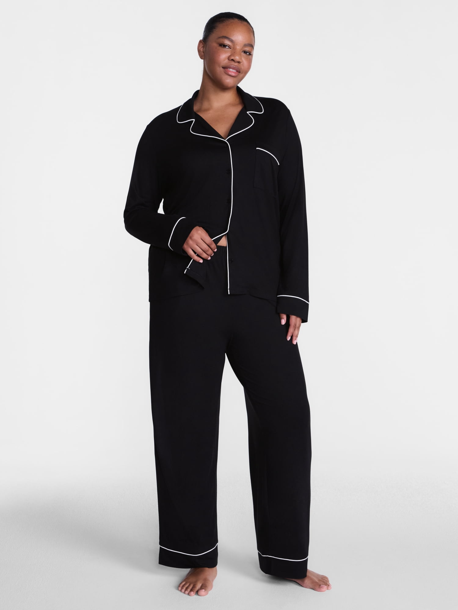 Joyspun Women’s Dreamy Soft Collection Notch Collar Top and Pants, 2-Piece Pajama Set, Sizes XS-3X
