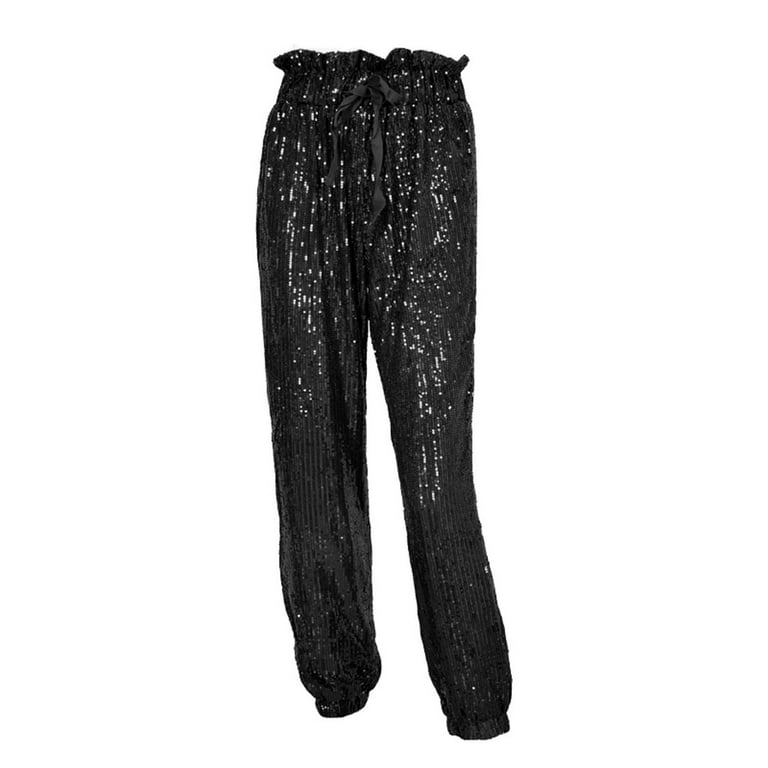 Sequin Pants Women High Waisted Bling Pants Fashion Night Party Pants  Drawstring Trousers Casual Leggings with Pockets 