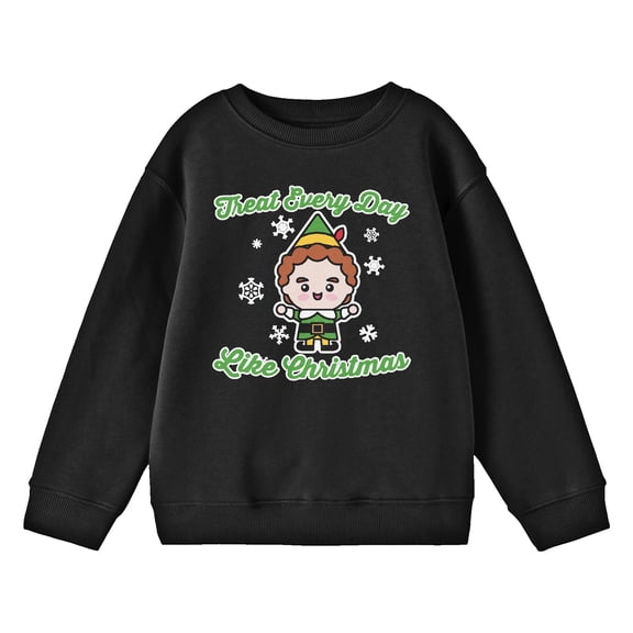 Elf Treat Every Day Like Christmas Chibi Buddy with Snowflakes Youth Black Crew Neck Sweatshirt-XS