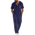 thumbnail image 2 of Men's 2 Piece Hooded Short Sleeve Shirt And Long Pants Set, Linen Textured Casual Outfit With Chest Pocket, Breathable Summer Beach Wear For Vacation And Loungewear,Navy,L, 2 of 6