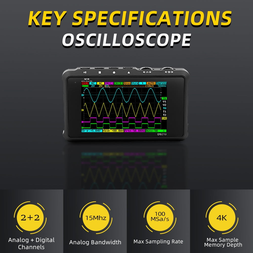 Handheld Oscilloscope DS213, Portable Oscilloscope Mini Size Handheld, Built-in Rechargeable Battery, 4 Channels, 15Mhz Bandwidth, Entry Level Oscilloscope for Beginner