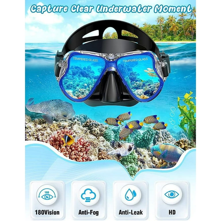 Zenoplige Mask Fins Snorkel Set with Adult Junior Scuba Snorkeling Gear, Panoramic View Diving Mask Deep Blue, Adult Unisex, Size: Small/Medium