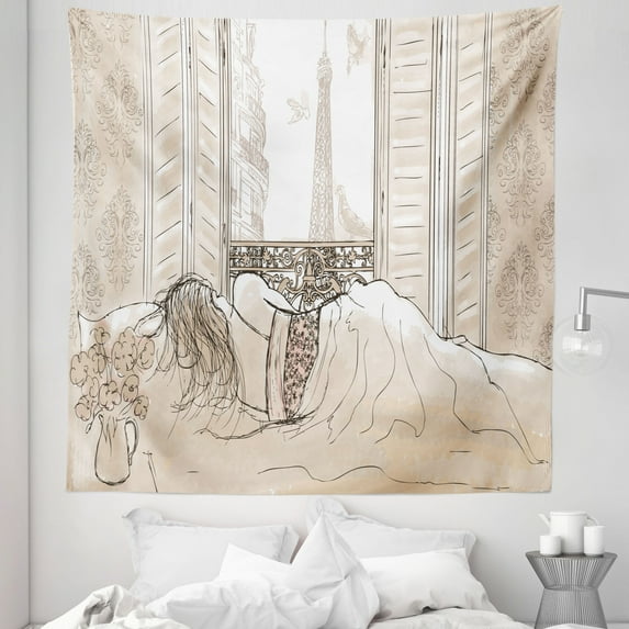 Cream Tapestry, Parisian Woman Sleeping with the View of Eiffiel Tower from Window Romance Skecthy Modern, Fabric Wall Hanging Decor for Bedroom Living Room Dorm, 5 Sizes, Cream, by Ambesonne